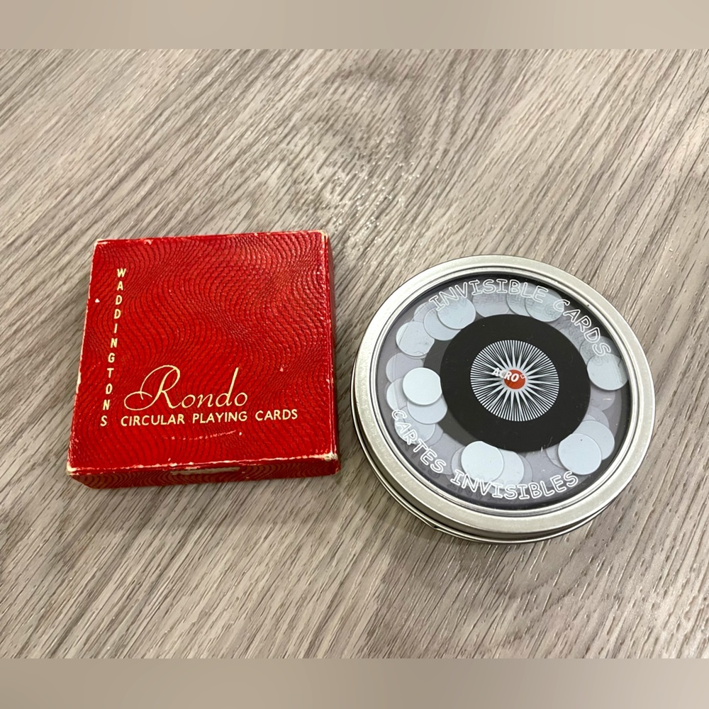 Set of 2 Round Playing Cards: Vintage Rondo & Acro Tin of Invisible Cards.